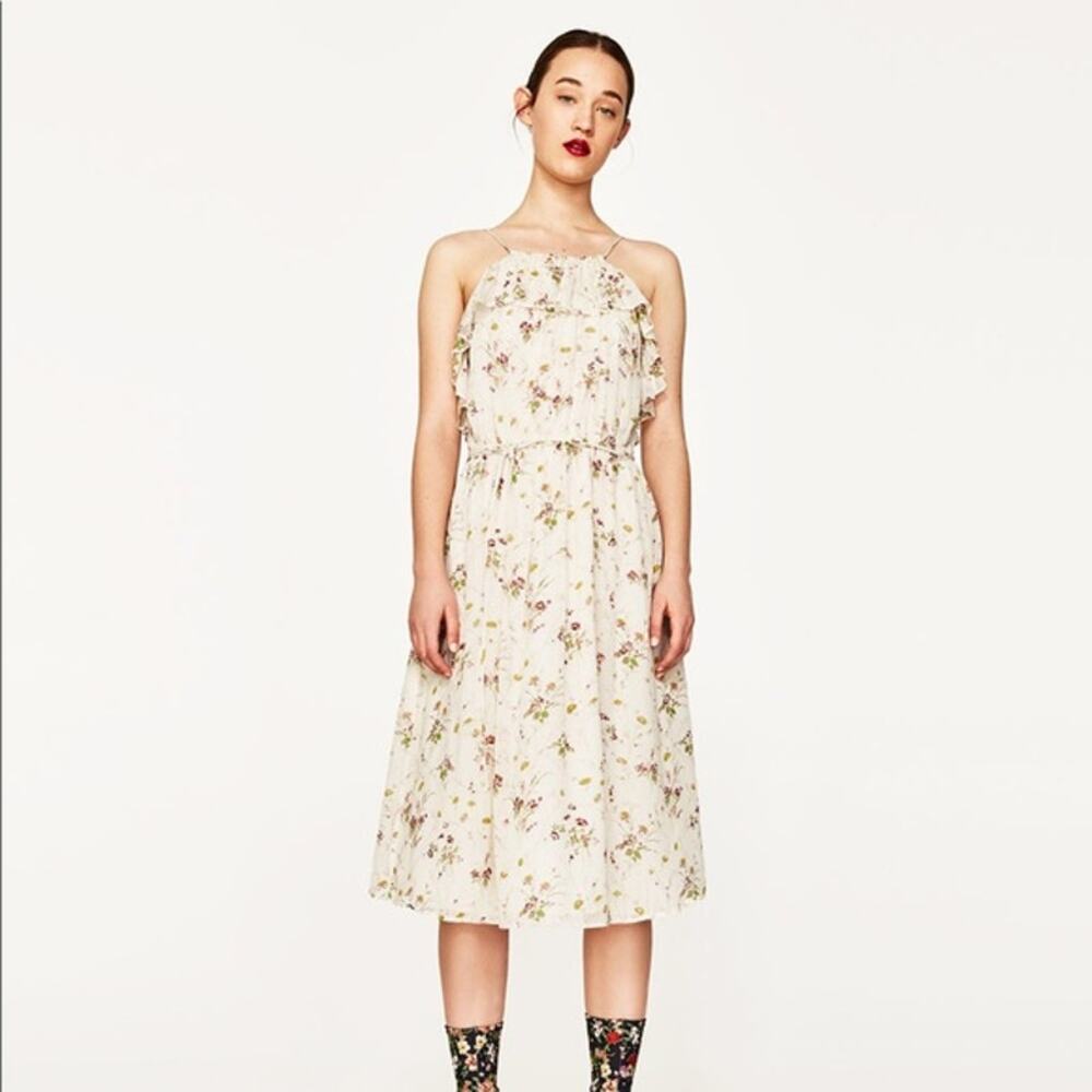 Zara Floral Sequin Ruffle Midi Halterneck Midi Dress in Ecru